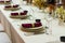 Estaurant table and plates with cloth napkins