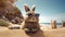 Ester Bunny on the beach with sunglasses. Generative AI