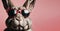 Ester bunny wearing sunglasses isolated on pink background with empty space