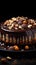 Ester cake with chocolate topping and nuts on gray background