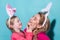 Ester for mother and daughter. Daughter kiss her mother for Easter, isolated. Horizontal photo banner for website header