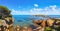 Esterel, tree, rocks, beach and sea. Cote Azur, Provence, France