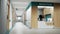 Esthetic and clean modern hospital reception and corridor, private clinic or vet waiting room with empty posters and walls.