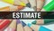 Estimate concept banner with texture from colorful items of education, science objects and 1 september School supplies. estimate