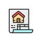 Estimate, construction document, house plan flat color line icon.