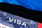 Estonia Visa Document, with Estonia flag in background. Estonia flag with Close up text VISA on USA visa stamp in passport,3D