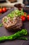 Estonian beef tenderloin steak. Delicious healthy traditional food closeup served for lunch in modern gourmet cuisine