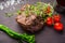 Estonian beef tenderloin steak. Delicious healthy traditional food closeup served for lunch in modern gourmet cuisine