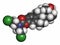 Estramustine prostate cancer chemotherapy drug molecule. Atoms are represented as spheres with conventional color coding: hydrogen