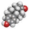 Estrone (oestrone) human estrogen hormone molecule. Atoms are represented as spheres with conventional color coding: hydrogen (