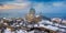 Esztergom, Hungary - Aerial panoramic view of the beautiful snowy Basilica of Esztergom with Slovakia at the background