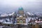 Esztergom, Hungary - Aerial view of the beautiful snowy Basilica of Esztergom