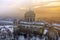 Esztergom, Hungary - Aerial view of the beautiful snowy Basilica of Esztergom on a foggy winter morning