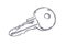 Etched outlined apartment door key drawn in vintage style. Black and white detailed engraving art of modern locking