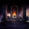 The eternal fire, dark atmospheric landscape with stairs to ancient columns and font of fire