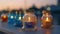 Eternal Glow: Closeup Macro of Candles in Ornate Glass Jars by the Sea
