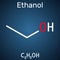 Ethanol, C2H5OH molecule. It is a primary alcohol, an alkyl alcohol. Structural chemical formula on the dark blue