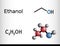 Ethanol, C2H5OH molecule. It is a primary alcohol, an alkyl alcohol. Structural chemical formula and molecule model
