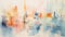 Ethereal Abstract Watercolor: Dynamic Cityscapes In Blue And Orange