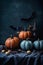 Ethereal Autumn Elegance: Pumpkin Still Life on Wooden Table with Silhouetted Bats in Background AI generated