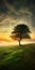 Ethereal British Landscape: Lone Tree At Sunset With Serene Ambiance