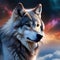 An ethereal, celestial wolf with fur that shimmers with the colors of the nebulae, howling amidst cosmic storms1