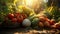 Ethereal close-up of farm-fresh vegetables, bathed in golden sunlight