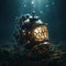 Ethereal Dive: Suspended Diving Helmet Amidst Enigmatic Oceanic Depths