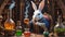 Ethereal fantasy concept art of a Rabbit mage brewing potions