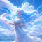 Ethereal Fantasy Heroine with Long Silver Hair and Gown in a Blue Sky