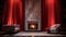 Ethereal Fireplace Design With Red Curtains And Gray Chairs