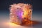 Ethereal geometric sculpture with a cube shape. Shiny crystal cube structure with vibrant colors in vaporwave and y2k