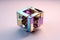Ethereal geometric sculpture with a cube shape. Shiny crystal cube structure with vibrant colors in vaporwave and y2k