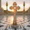 Ethereal Glow: Ornate Gilt Cross on White Marble Pillar in Palace Courtyard AI Generated