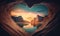 Ethereal Heart-Shaped Cave on River and Mountains at Sunset for Dreamy Background.