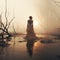 Ethereal Horror: A Captivating Portrait Of A Woman Walking Towards The Sunrise