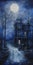 Ethereal Horror: Spooky House And Carriage Painting In Atmospheric Blues