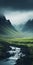 Ethereal Icelandic Landscape: Dark Teal Grasslands And Mountainous Vistas
