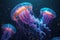 Ethereal jellyfish illuminate the dark ocean with an enchanting glow