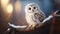 Ethereal Majesty: A Majestic Owl Perched Amidst the Forest\\\'s Serenity at Sunset. Generative AI