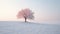 Ethereal Minimalism: Alpine White And Pink Tree In Snowy Landscape
