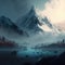 ethereal mist rising between two majestically snow-capped peaks, fantasy art, AI generation