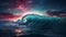 Ethereal Oceanic Symphony: A Fantastic Quantum Interference of Waves in a Beautiful Night Sky and Full Color Sunset Illustration