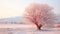 Ethereal Pink Tree In Snowfield: Intricate Landscapes And Nature Scenes