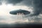 Ethereal presence, UFO saucer hovers against cloudy backdrop, above Earth