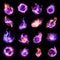Ethereal purple flames and wizardry spell lights, collection isolated on black background. Generative AI illustrations
