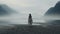 Ethereal Romanticism: Woman Walking On A Beach In Fog