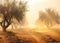 Ethereal Serenity: Olive Trees in a Foggy Field at Sunset in Crete, Greece