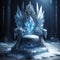 An ethereal sight of an empty throne carved from blue ice crystals in a frozen castle hall, evoking an otherworldly and mystical