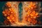 Ethereal summer flowers carved fire door at the end of world. Digital designer art. Generative AI.